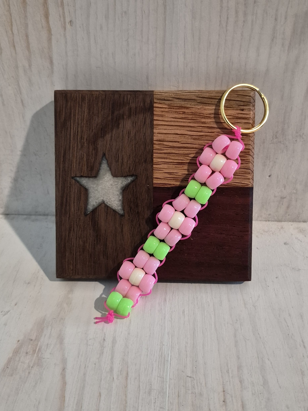 Pink Beaded Keychain Wristlet with Green Accents